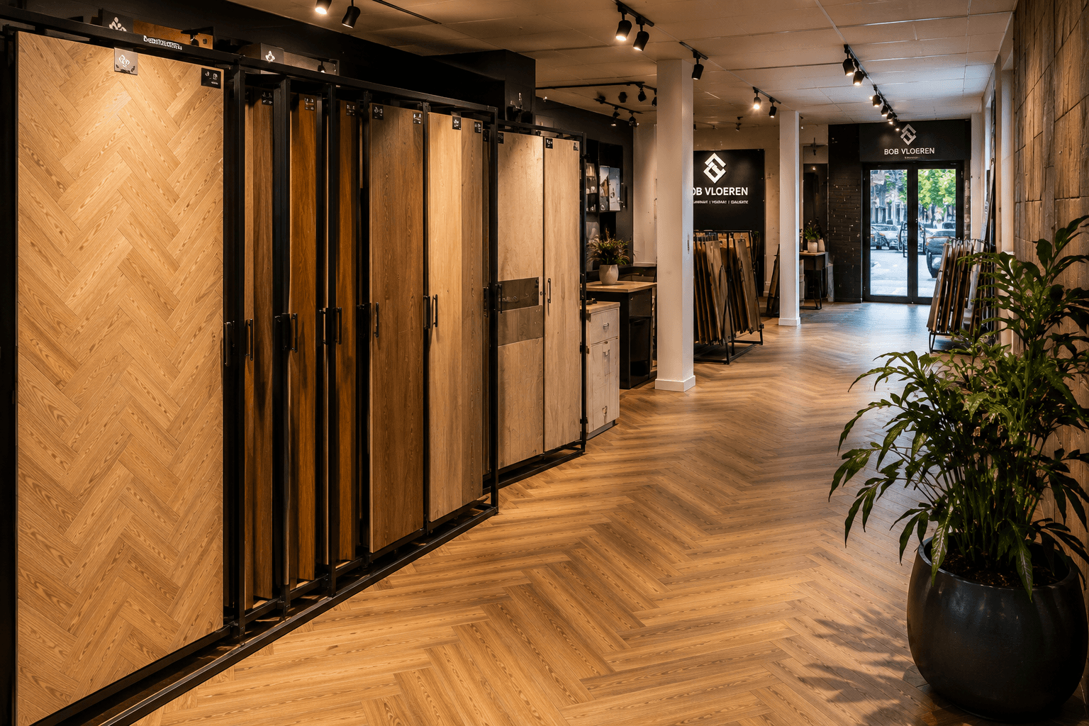 Showroom met vloerpanelen en visgraatvloer van BOBVloeren